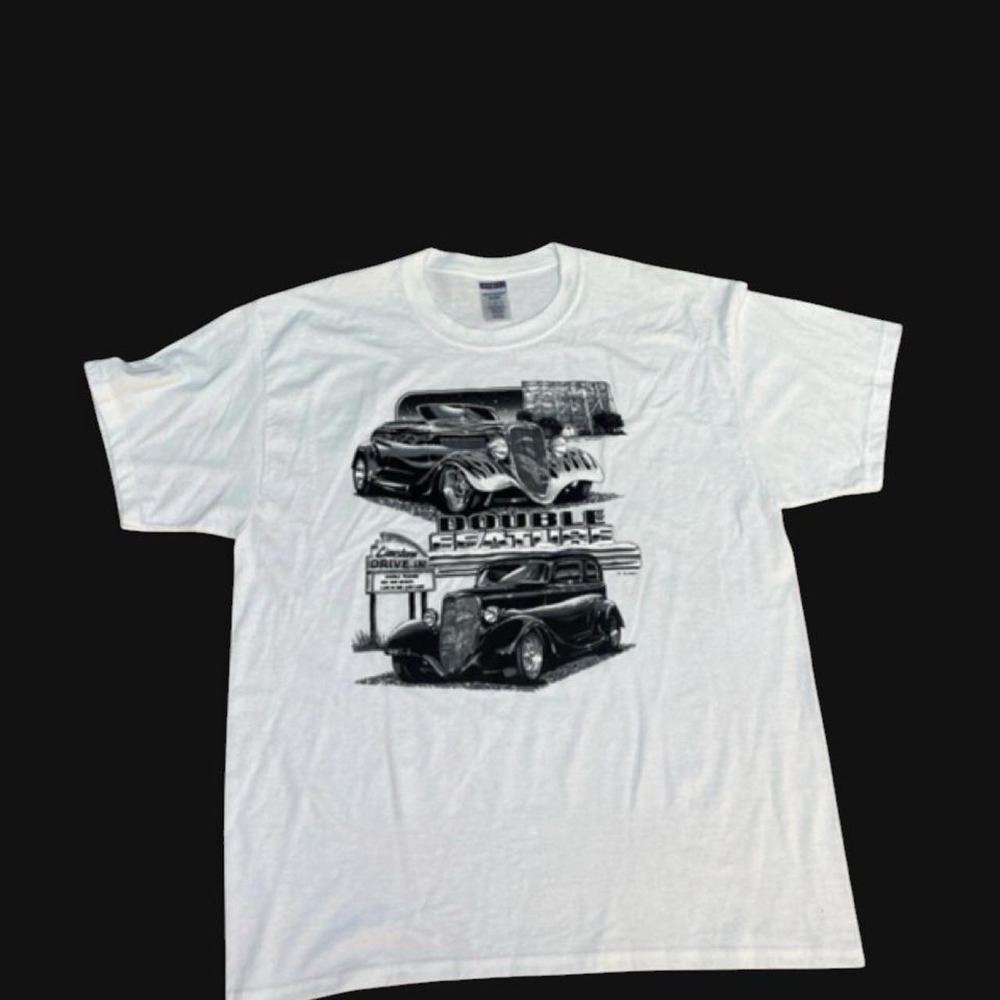 Vintage Jerzees Hot Rod Double Feature T-Shirt XL White Drive-In Car Graphic Tee